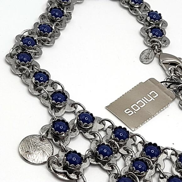 Chico's Blue Cabochon Bib Necklace, New With Tags, Silver Tone, 24" - Picture 7 of 12